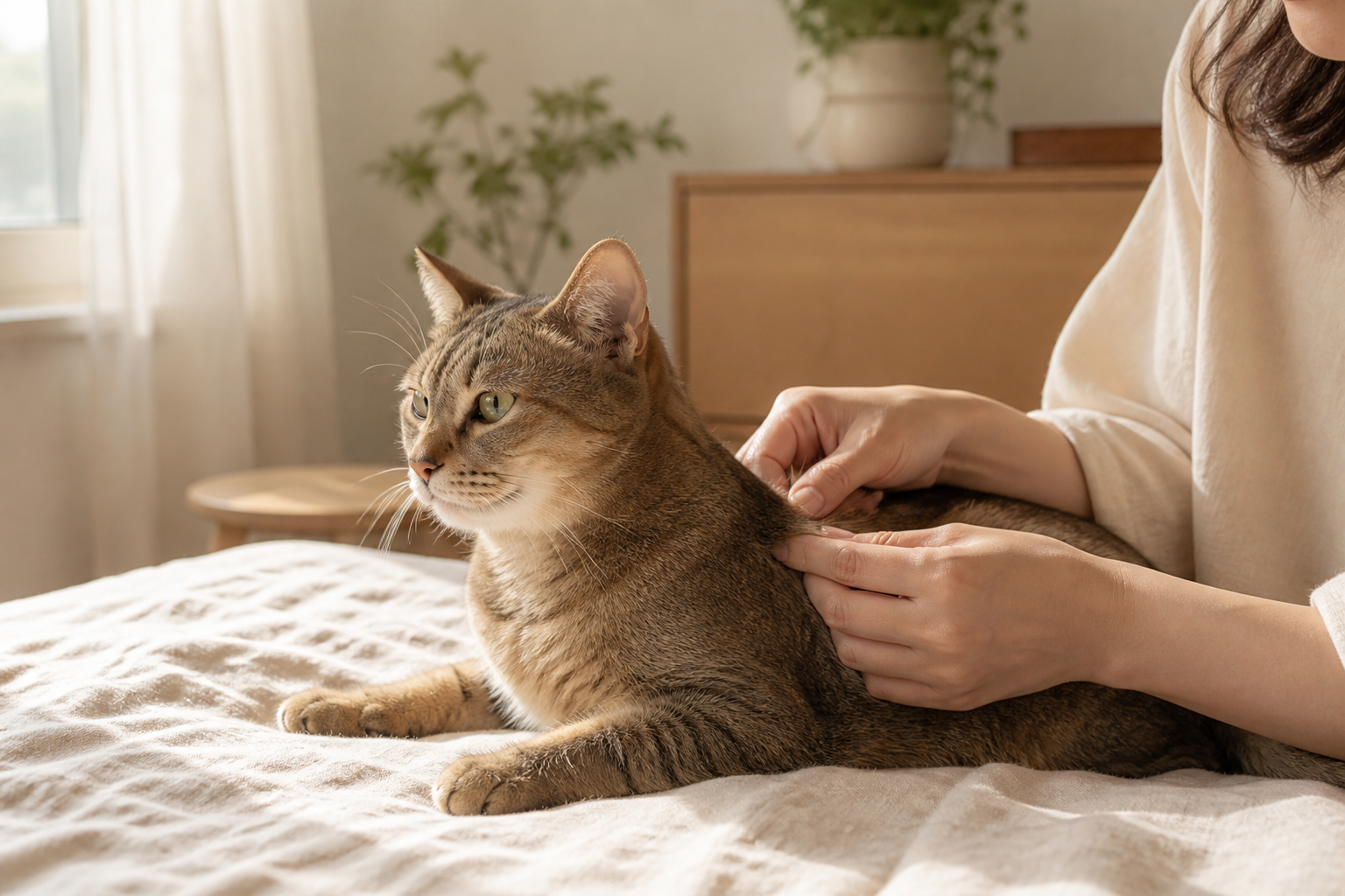 飼主溫柔觀察貓咪毛髮與肌膚狀態