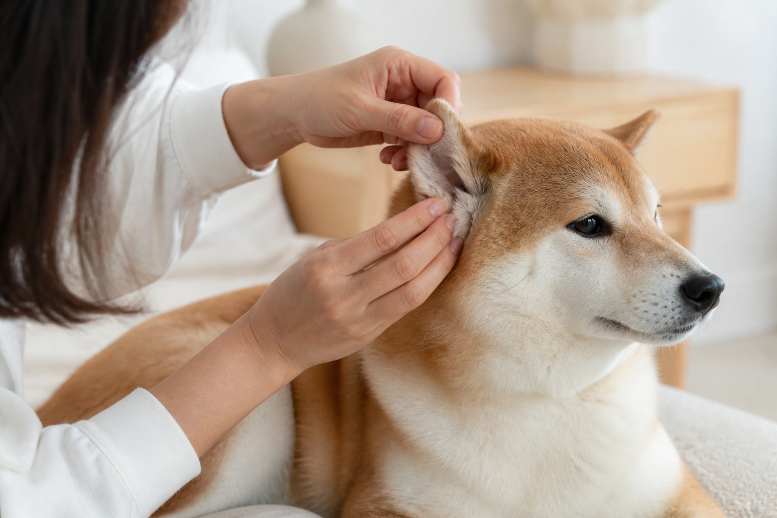 飼主檢查毛孩耳後肌膚